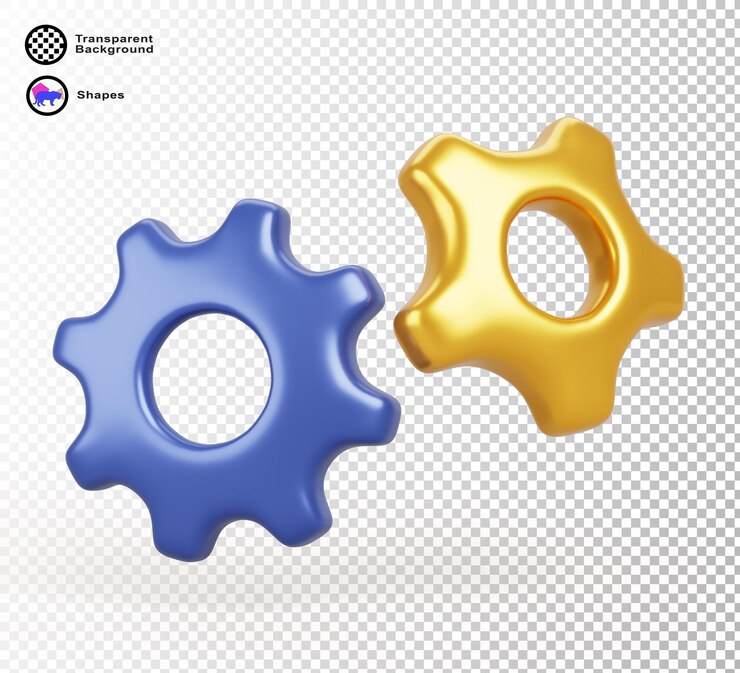 PSD iconos de renderizado 3d de engranajes dorados y azules símbolo de configuración de servicio soporte técnico mantenimiento y concepto de reparación ruedas dentadas realistas elemento de diseño aislado para diseño web de aplicaciones móviles