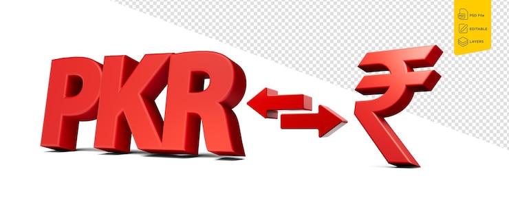 PSD iconos de rupias pakistaníes y indias rojas intercambio de dinero flechas en fondo blanco ilustración 3d
