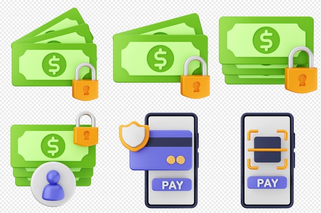 Iconos de seguridad de protección de dinero de pago 3D conjunto de ilustraciones
