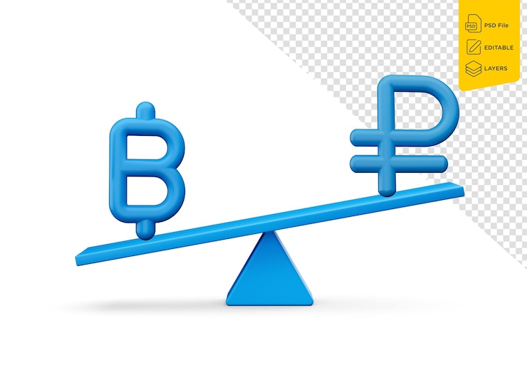 PSD iconos de símbolo de baht azul y rublo 3d con balancín de peso de equilibrio azul 3d ilustración 3d
