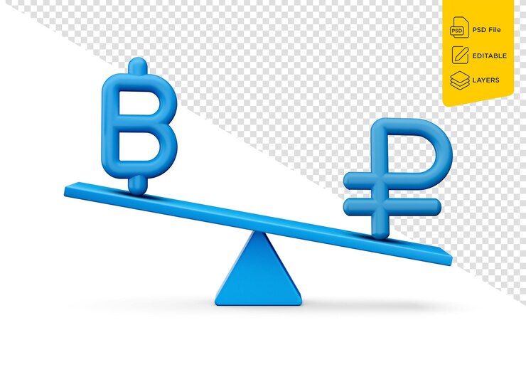 PSD los íconos del símbolo del baht y el rublo azules con el peso del equilibrio azul elegante seesaw ilustración 3d