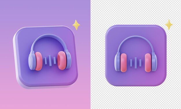 Iconos simples de video y música de auriculares morados en 3d para diseños de anuncios de redes sociales de aplicaciones móviles web UI UX