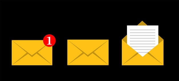 Iconos de sobre de correo electrónico amarillos con notificación y mensaje en fondo negro