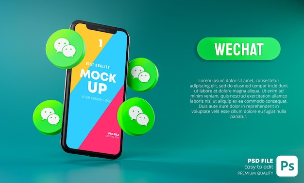 Iconos de Wechat alrededor de la maqueta de la aplicación de teléfono inteligente 3D