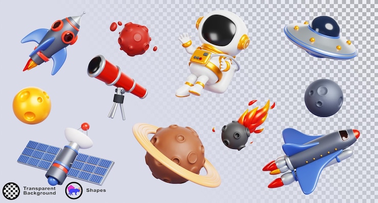 PSD icons d'exploration spatiale 3d planètes d'astronautes mignons fusée navette télescope ufo vaisseau spatial extraterrestre météore avec le feu dans le cosmos éléments de conception de jeu fantastique jeu de dessin animé