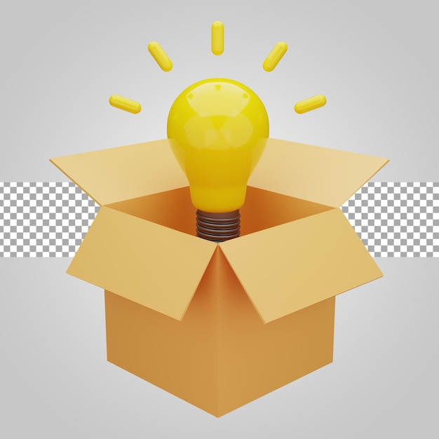 Idea creativa con lampadina in una scatola di cartone su sfondo trasparente 3D'illustrazione