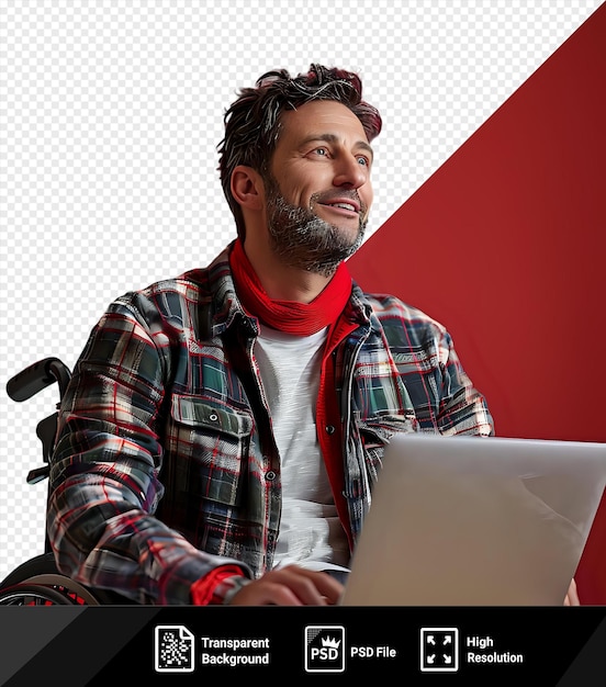 PSD idea impresionante de un hombre con barba gris y cabello negro se sienta frente a una pared roja usando una computadora portátil blanca mientras lleva una camisa a cuadros y una bufanda roja su mano descansa en el png