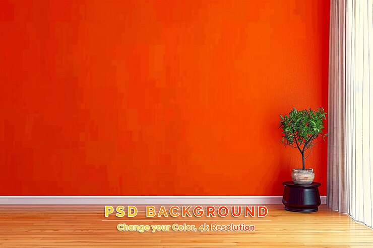 PSD idea de un interior escandinavo naranja vacío con jarrones en el suelo de madera