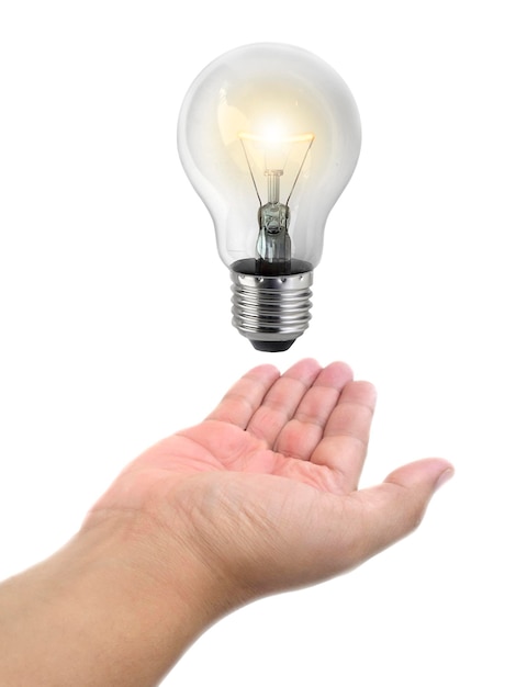 Ideen-Glühbirnenlicht auf einem handtransparenten Hintergrund