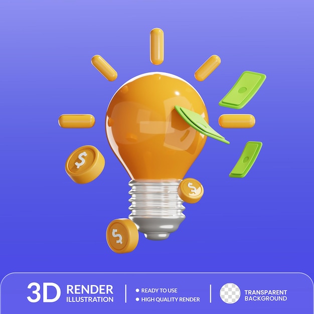Ideia financeira criativa lâmpada 3D com dinheiro e moedas