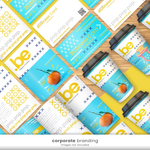Identidade corporativa brilhante e colorida marca kit com maquete de cartão de visita, maquete de panfleto, maquete de copo de papel
