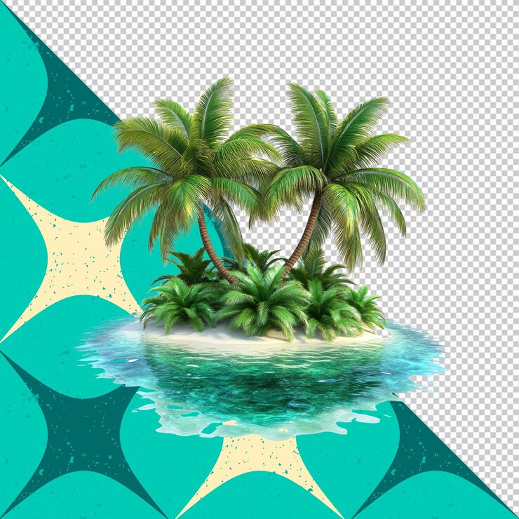 PSD una idílica isla tropical con dos palmeras y aguas turquesas