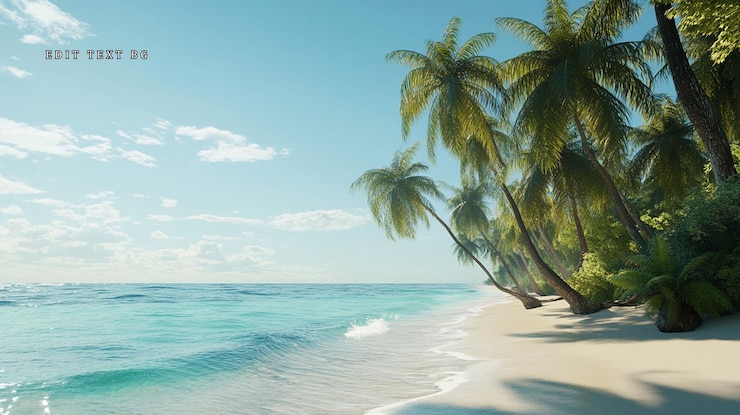 PSD idilliaca spiaggia tropicale con palme acqua turchese e sabbia bianca sotto un cielo soleggiato