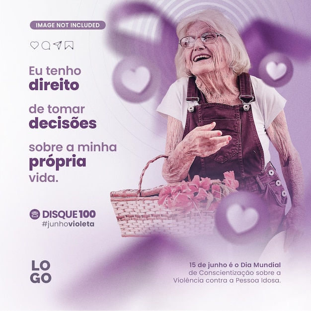 PSD idosa bem velhinha com chapéu e cesta campanha junho violeta