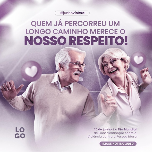 Idosos alegres percorrendo uma estrada Campanha Junho Violeta