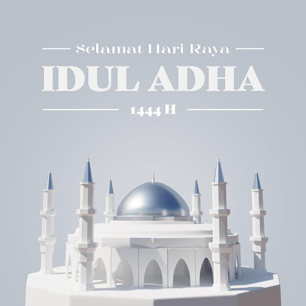 Idul Adha oder Eid Al Adha Celebration Tahniah mit weißem und bläulich-silbernem Masjid-Element