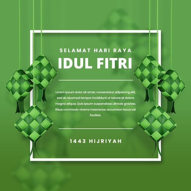 Idul fitri celebração muçulmana conceito de design de banner 3d ketupat