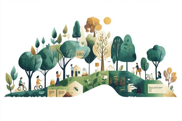 PSD idyllische grüne hügelszene, die menschen zeigt, die die natur genießen, radfahren, gartenarbeit und ein nachhaltiges leben führen