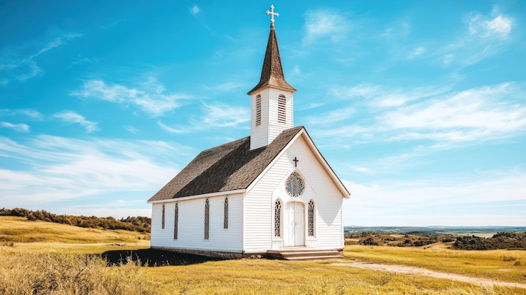 PSD iglesia de campo blanca en la colina de hierba bajo el cielo azul