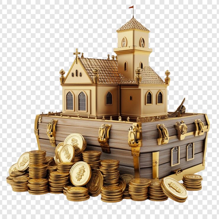 PSD iglesia dorada en la cima del cofre del tesoro repleto de monedas de oro riqueza y prosperidad