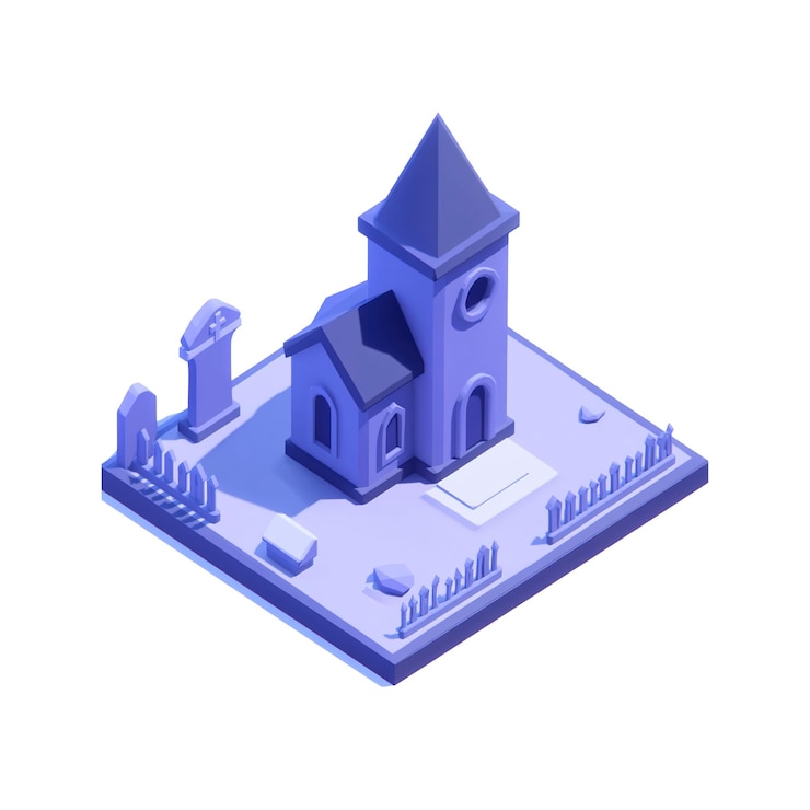 PSD igreja e cemitério isométrico low poly