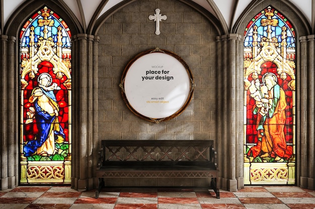 PSD igreja vitreaux quadro circular imagem mockup