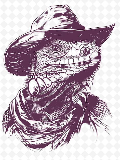 PSD iguana con un sombrero de vaquero y una expresión presumida diseño de carteles animales esbozo arte colecciones vectoriales