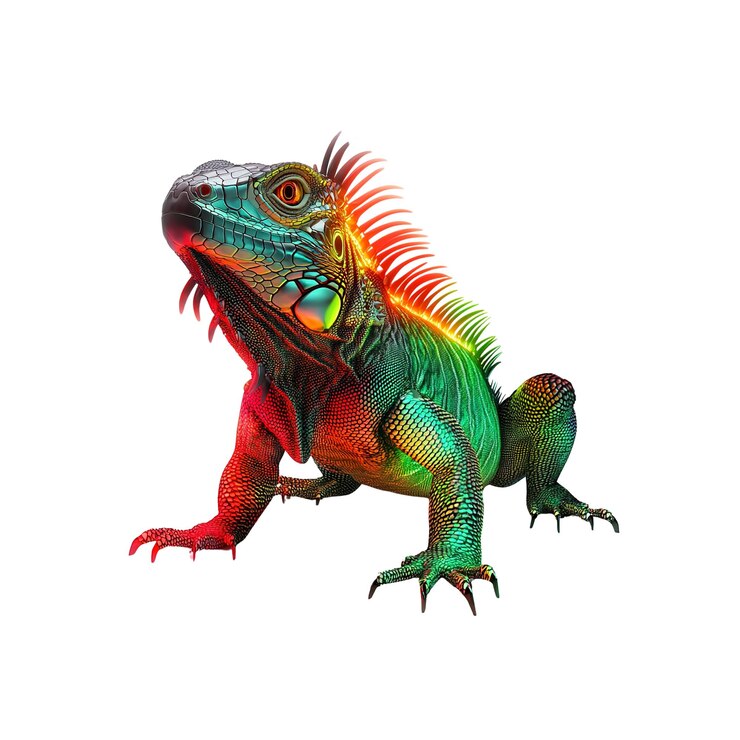 PSD iguana verde e vermelha vibrante com escamas coloridas isoladas em fundo branco
