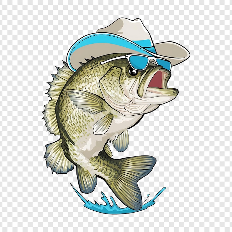 PSD ikan crappie dengan topi koboi dan kacamata hitam