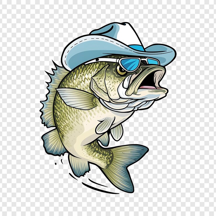 PSD ikan crappie dengan topi koboi dan kacamata hitam