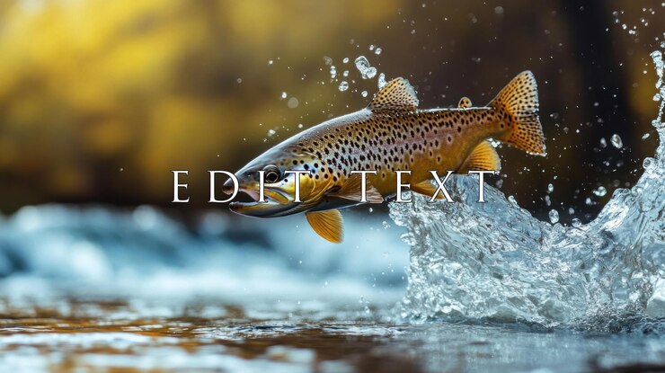 PSD ikan trout cokelat melompat dari sungai memercikkan air