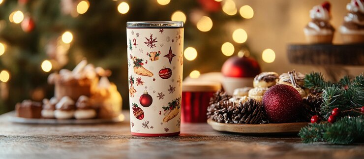 PSD il bicchiere di natale con disegno festivo si siede su un tavolo di legno tra le prelibatezze natalizie e le luci sfocate dell'albero di natale