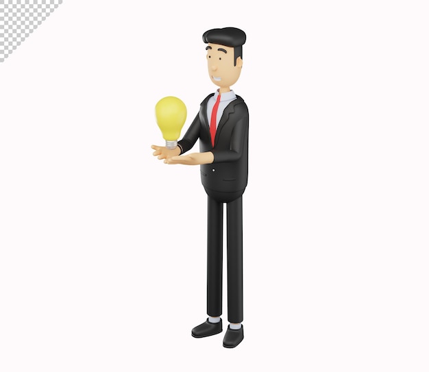 il carattere dell'uomo d'affari 3d porta una lampadina isolata su sfondo bianco illustrazione di rendering 3d