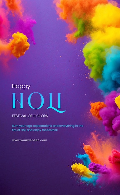 Il concetto del festival di Holi i colori vivaci di Holi si diffondono sulla tela su uno sfondo viola