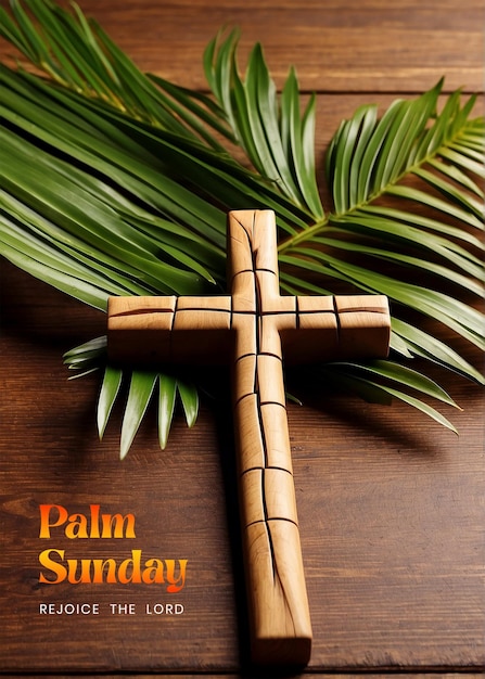 Il concetto della domenica delle palme rami naturali di palme con sfondo di croce cristiana in legno decorato