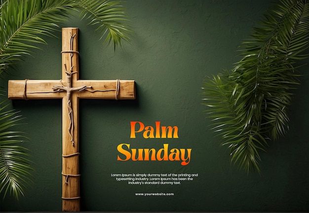 Il concetto della domenica delle palme rami naturali di palme su tutta la tela con croce cristiana in legno