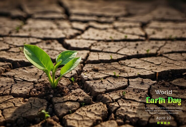 PSD il concetto della giornata della terra ha rotto la terra secca con piantine di alberi sul suolo