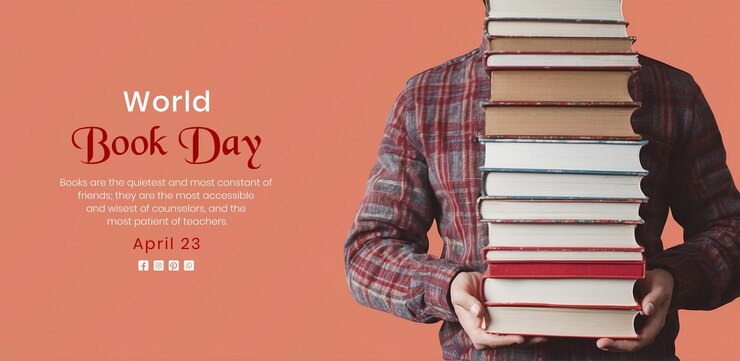 PSD il concetto della giornata mondiale del libro un uomo che tiene un sacco di libri una vista laterale su uno sfondo rosso chiaro