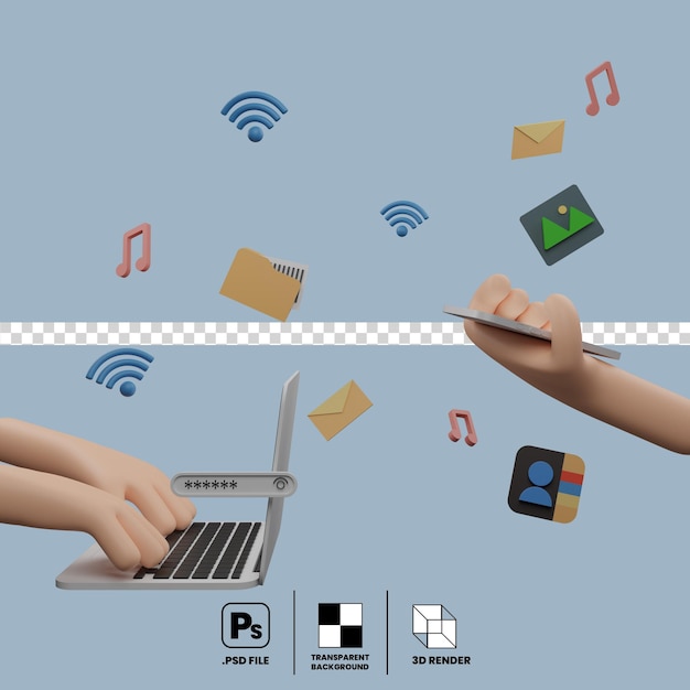 il concetto di comunicazione su laptop e smartphone che condividono file collegati tramite wireless