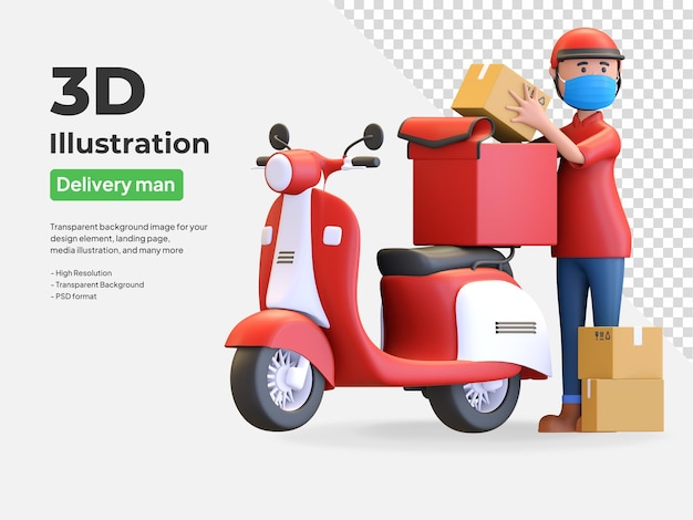 Il corriere uniforme rosso che indossa il casco e la maschera con lo scooter che consegna il pacchetto 3d rende l'illustrazione