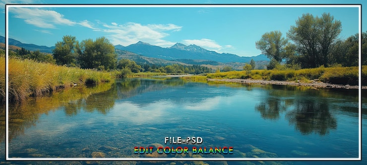 PSD il fiume calmo riflette la vista delle montagne