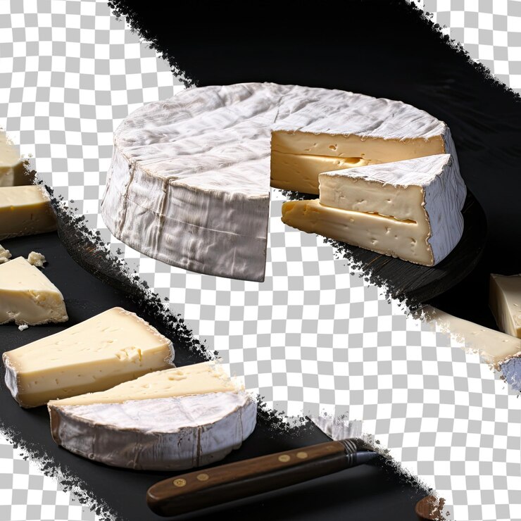 PSD il formaggio camembert viene tagliato in pezzi su un supporto nero
