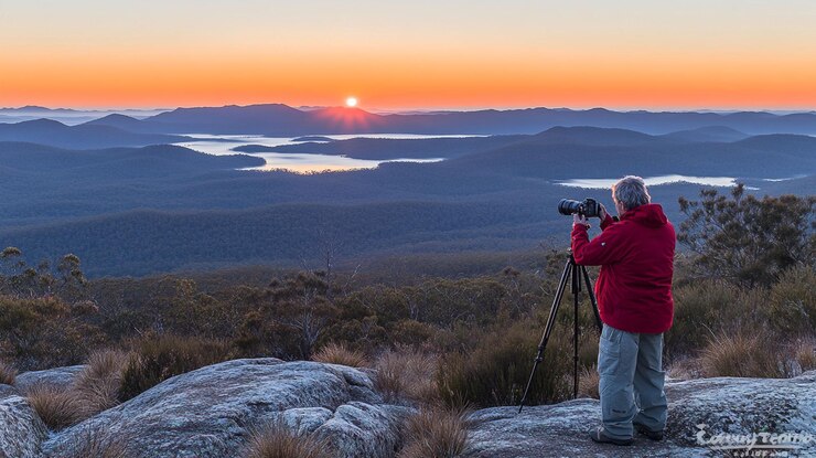 PSD il fotografo cattura l'alba sopra le montagne e il lago da una vetta rocciosa