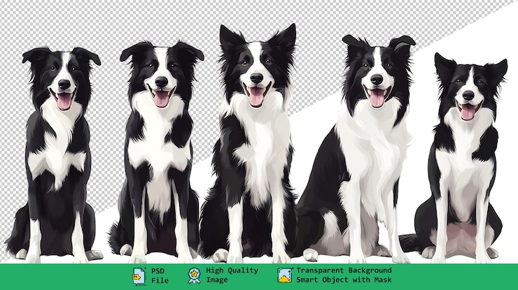 PSD il giocoso border collie posa cinque immagini adorabili per progetti di progettazione su uno sfondo trasparente