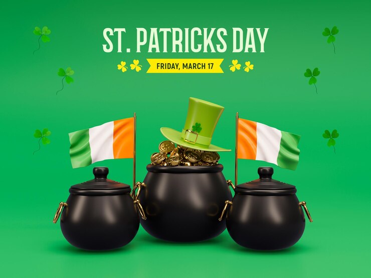 PSD il giorno di san patrizio con il tesoro del modello di progettazione di banner 3d leprechaun