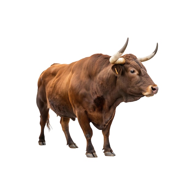 Il maestoso toro marrone isolato su uno sfondo bianco