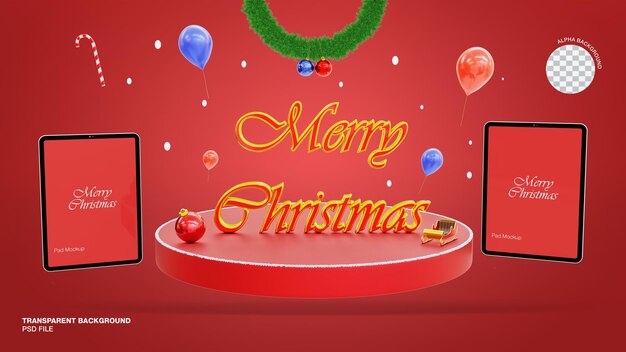 Il mockup del pad del telefono portatile 3d con l'elemento di natale rende isolato il rendering Psd