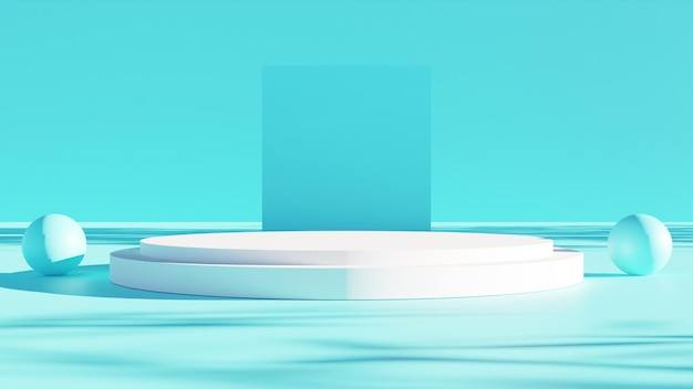 Il moderno 3D rende il podio bianco con sfondo blu e ombra