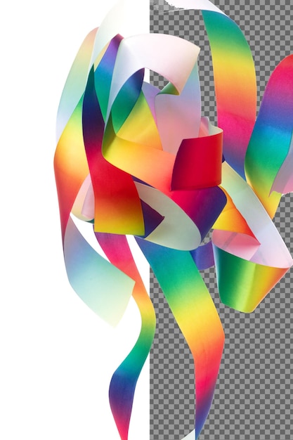 Il nastro arcobaleno lungo e dritto vola in aria con un rotolo curvo lucido Il nastro lgbt arcobaleno per regali per la festa di compleanno da avvolgere decorare e fare di tessuto tessile lungo e diritto sfondo bianco