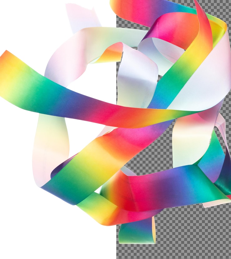 PSD il nastro arcobaleno lungo e dritto vola in aria con un rotolo curvo lucido il nastro lgbt arcobaleno per regali per la festa di compleanno da avvolgere decorare e fare di tessuto tessile lungo e diritto sfondo bianco